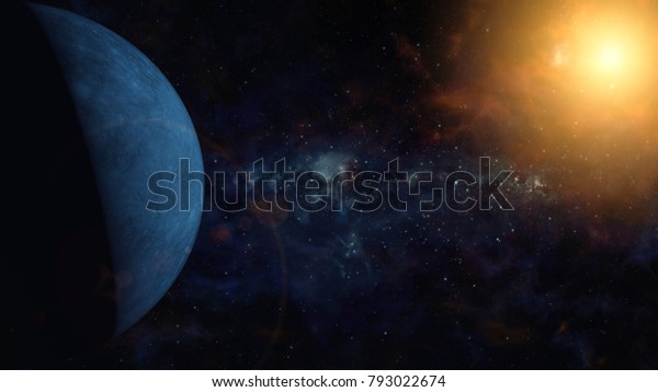 Space scene of blue rock planet with heavily\
cratered surface orbiting red star. Outer Space, Cosmic Art and\
Science Fiction\
Concept.