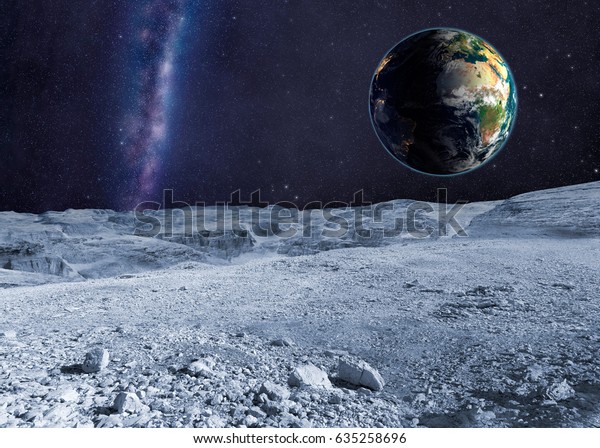 Space scene with milky way and stars in the sky.\
Day and night on earth from moon. Elements of this image furnished\
by NASA.