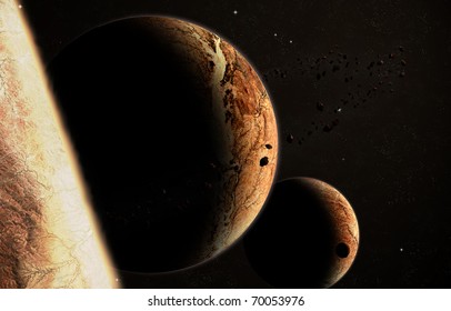 Space Scene Of Planet And Satellite Alignment; Asteroid Belt