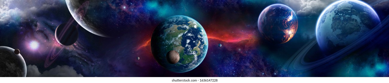 Space Scene With Planets, Stars And Galaxies. Panorama. Horizontal View For A Glass Panels. 3D Render