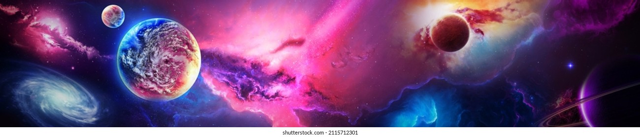 Space scene with planets, stars and galaxies. Panorama. Horizontal view for a glass panels. Template banner
