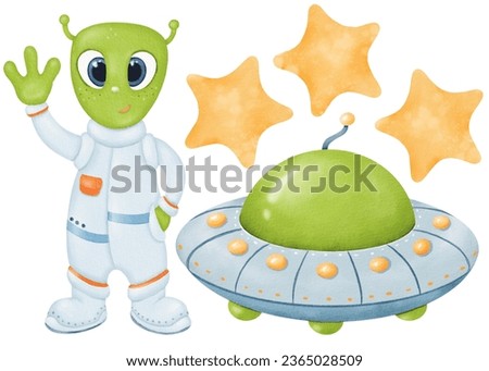 Space set. green cute alien waves its hand. Alien spacecraft. Cartoon UFOs. Three yellow stars. Watercolor isolated objects. Cartoon style. For prints, children, presentations, invitations, and cards
