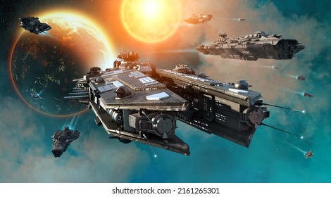 Space Ship Fleet 3D Illustration