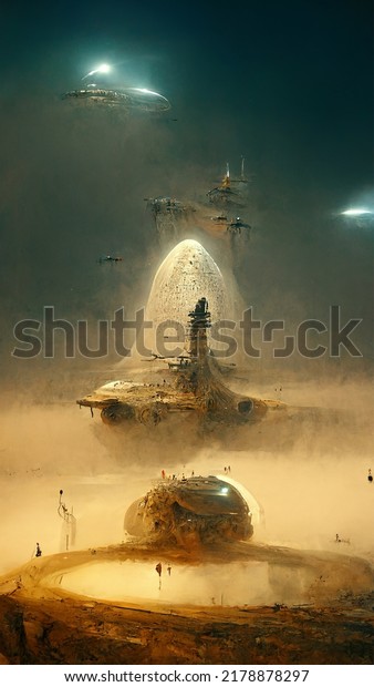a space ship on an alien planet,\
art station trending concept art , craters, fog,\
sandstorm