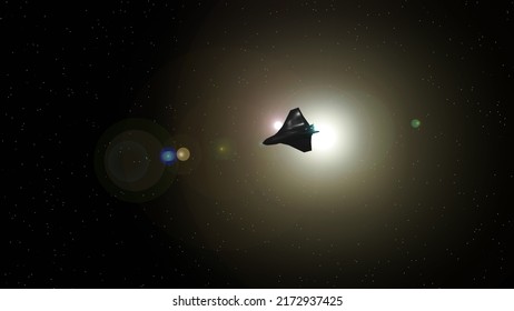 A Space Ship Silhouette Is Transiting Twin Sun With Star Field In Background (3D Rendering)