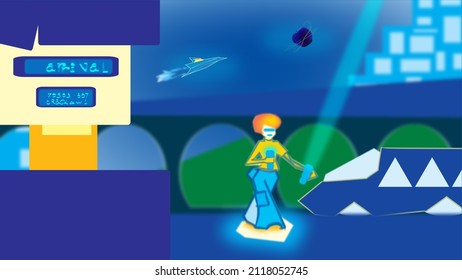 Space Ship Train Time Table Woman On Hover Board New Planet 