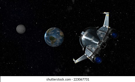 Space shuttle approaching earth and moon. 3D Scene . Some elements of this image furnished by NASA.