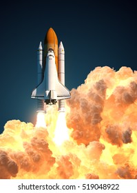 Space Shuttle In The Clouds Of Fire. 3D Illustration.