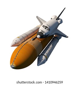 Space Shuttle Flying Isolated On White Background. 3D Illustration.