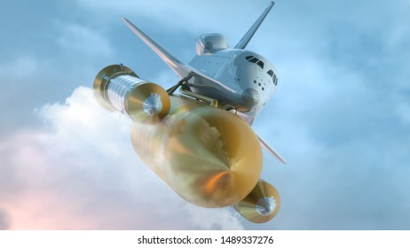 Space Shuttle Flying Over The Clouds. 3d illustration.
