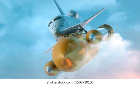 Space Shuttle Flying Over The Clouds. 3d illustration.