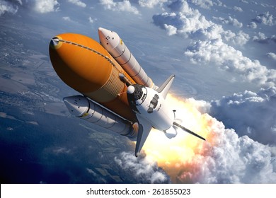 Space Shuttle Flying Over The Clouds. 3D Scene.
