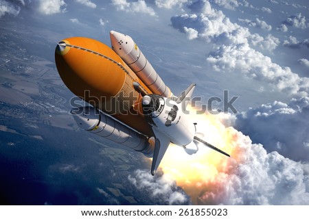 Space Shuttle Flying Over The Clouds. 3D Scene.