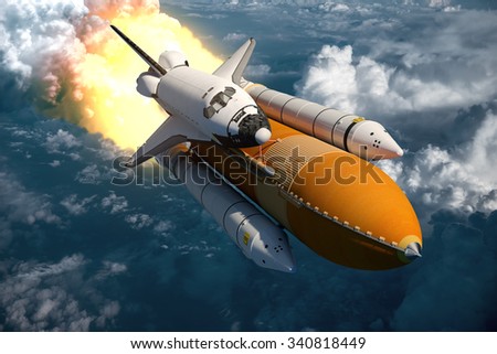 Space Shuttle Flying Over The Clouds. 3D Scene.