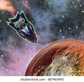 Space shuttle landing on an unknown planet. Spaceship approaching the surface red hot planet. 3d illustration