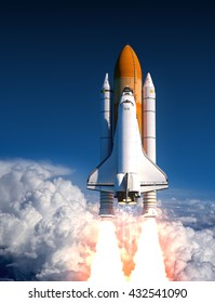 Space Shuttle Launch In The Clouds. 3D Illustration.