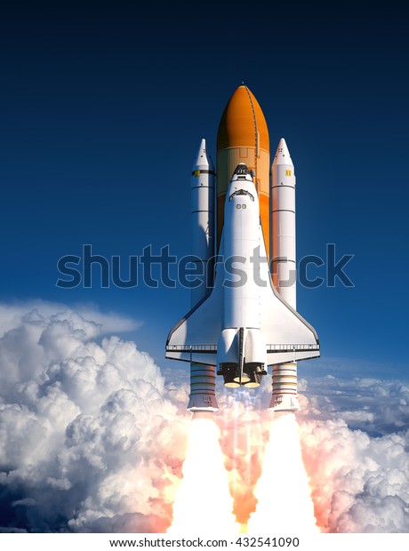 スペースシャトルが雲の中で打ち上げられる 3dイラスト のイラスト素材