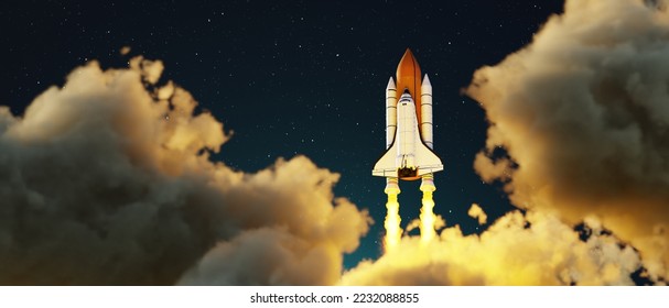 Space Shuttle Launch. Spaceship takes off into night sky. Spacecraft shuttle flight 3d rendering.