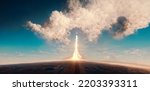 Space shuttle liftoff into sky, view from distance. 3d rendering, mixed media
