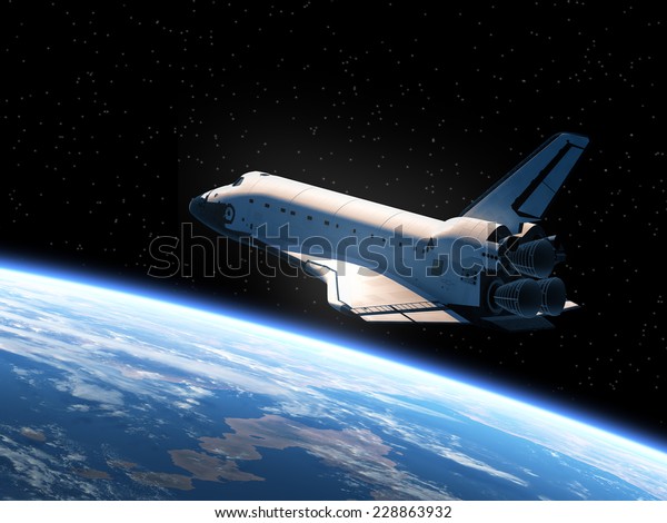 Space Shuttle Orbiting Earth. 3D Scene.\
Elements of this image furnished by NASA.\
