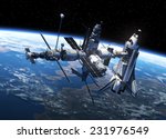 Space Shuttle And Space Station In Space. 3D Scene. Elements of this image furnished by NASA