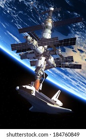 Space Shuttle And Space Station. 3D Scene. Elements of this image furnished by NASA. 