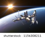 Space Shuttle And Space Station In The Rays Of Sun. 3D Illustration.