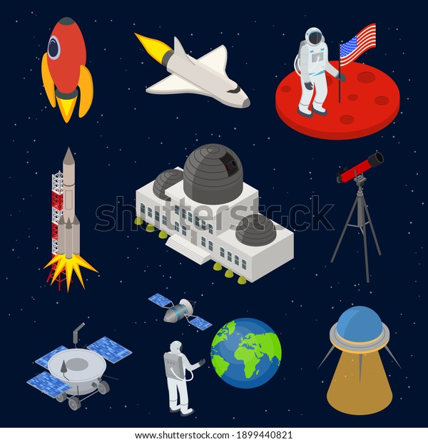 Space\
Signs 3d Icons Set Isometric View on a Blue Sky Background Include\
of Shuttle and Spaceman . illustration of\
Icon