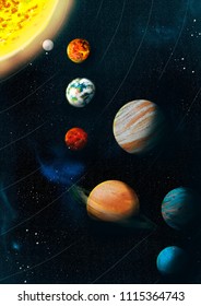 Space. Solar system. The sun and the planets. A beautiful illustration for printing on wallpaper, paper, posters and other surfaces.