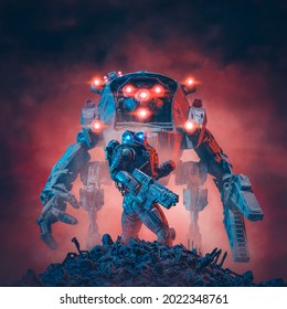 Space soldier mech robot - 3D illustration of science fiction military warrior and giant robotic mecha standing on battle field with ominous red sky background