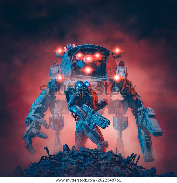 Space soldier mech robot - 3D\
illustration of science fiction military warrior and giant robotic\
mecha standing on battle field with ominous red sky\
background