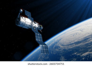Space station deploys solar panels over planet Earth. 3d illustration.