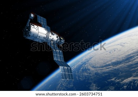 Space station deploys solar panels over planet Earth. 3d illustration.