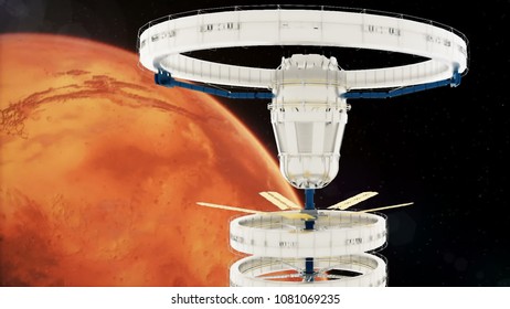 Space station flies around the Mars. 3D rendering
