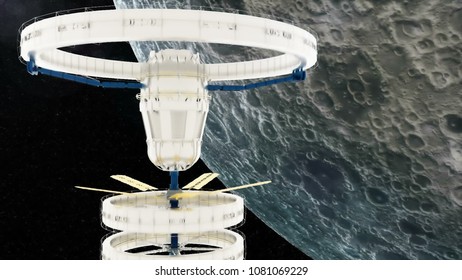 Space station flies around the moon. 3D rendering