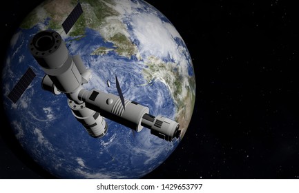 Space Station Orbiting Earth. 3D Illustration.