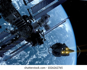 Space station in outer space., 3d render