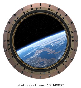 Space Station Porthole. 3D Scene. Elements Of This Image Furnished By NASA. 