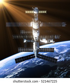 Space Station In The Rays Of Sun. 3D Illustration.