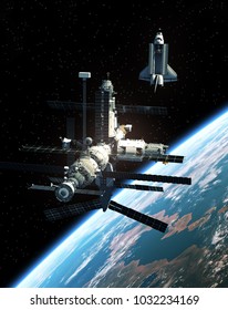 Space Station And Space Shuttle In Outer Space. 3D Illustration.
