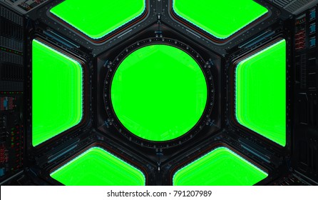 Space Station Window With Green Background 3D Rendering