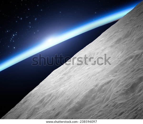 Space sunrise\
as seen from the Moon\'s surface, good morning world! Elements of\
this image furnished by\
NASA.