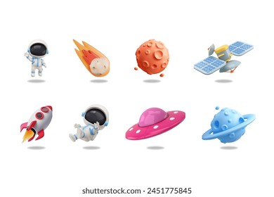 Space themed 3D Vector Icon Set Astronaut Planets Satellites Rockets UFOs and Comets