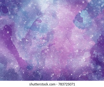 Space watercolor background. Abstract galaxy painting. Watercolor Cosmic texture with stars. Night sky