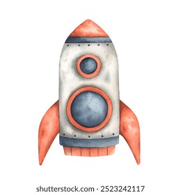 Space watercolor hand-drawn illustration with cute orange-blue rocket with a porthole. Сartoon element for kids - Powered by Shutterstock