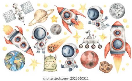 Space watercolor hand-drawn set of illustrations with astronauts, rockest, rover, ufo monster, meteorite, comet, stars, moon, planets (Earth, Mercury, Mars, Saturn), ISS. Cute elements for kids
 - Powered by Shutterstock