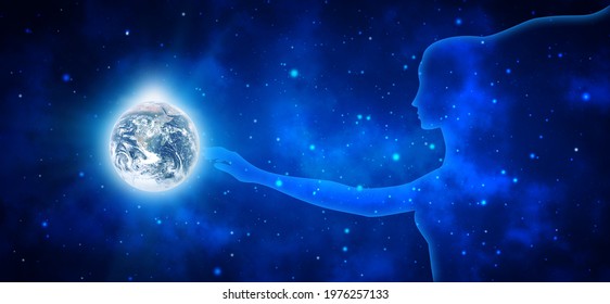 Space Woman Touches The Shining Planet Earth On A Background Of Blue Stellar Universe. 3d Illustration. Elements Of This Image Are Furnished By NASA