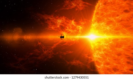 Spacecraft Cosmos Exploration On Distant Solar System Orbit. Realistic 3D Flight Of Space Probe To Hot Exotic Sun With Energy Clouds. Galaxy Travel Light-years From Earth Concept 3D Illustration.