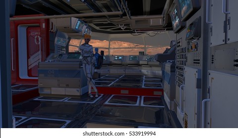 Spacecraft Crew At Work Inside Space Ship 3D Rendering