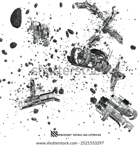 spacecraft debris and asteroids 3D render illustration